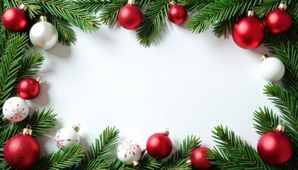 Elegant Christmas frame with red & white ornaments, green sprigs , vintage, rustic, element