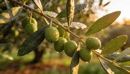 Olive Green Tree Branch with Dewy Leaves, Ripe Olives in Sunlight - Nature's Orchard Agriculture
