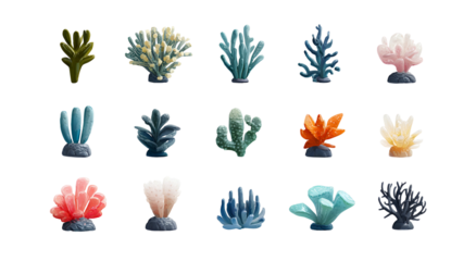A collection of stylized, colorful coral illustrations set against a black background