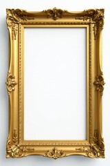 Elegant empty gold frame, ornate details, white backdrop, photography, royal frame, gold frame
