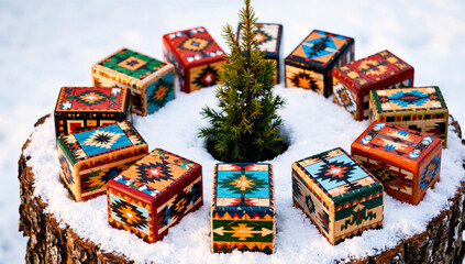 Fototapeta premium Colorful Gift Boxes Surrounding Small Christmas Tree on Snowy Log