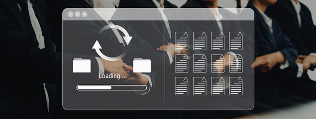 File synchronization or loading interface with progress bar, folders, and documents, symbolizing data backup, transfer, and system update Parse