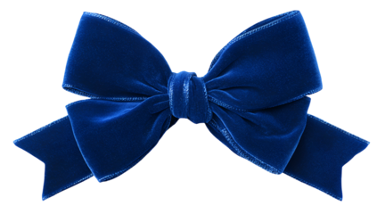 Close-up of a royal blue velvet bow with elegant folds and streaming ends on black