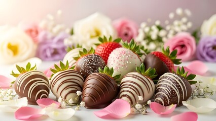 Delicious chocolate covered strawberries with white roses and scattered rose petals