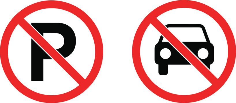 No parking and no car prohibition sign icons for traffic restriction, road regulation and transportation safety flat vector illustration