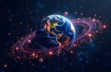 Planet Earth with luminous rings and glowing particles in outer space, digital art style, dark cosmic background, concept of futuristic universe