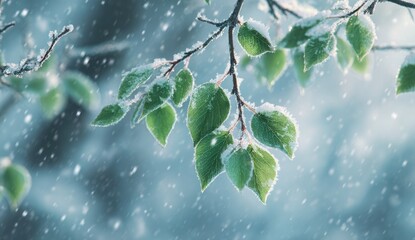 Close-up of vibrant green leaves on a branch, lightly dusted with snow
