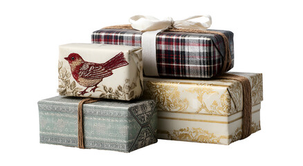 Stacked, wrapped gifts with varying paper and ribbon, ready for a celebration