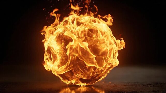 Blazing fireball hovering above dark surface with rolling flames and glowing embers for seamless cinematic VFX background loop