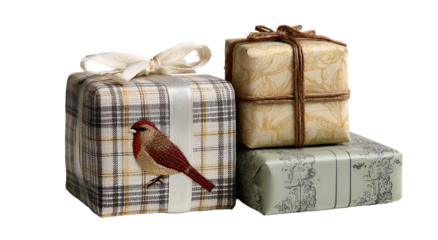 Stacked wrapped gifts, featuring patterns, ribbons, twine, and a decorative bird ornament
