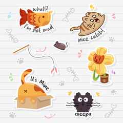 adorable hand drawn cat cartoon theme of decorative sticker design for journal book element 