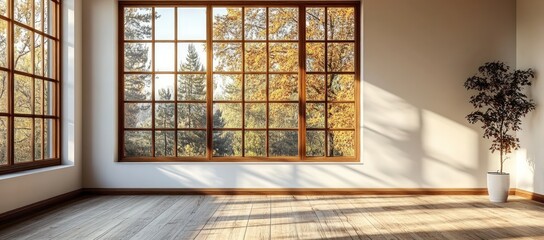 Empty room with large grid windows overlooking an autumn forest, bathed in warm sunlight, with a potted plant