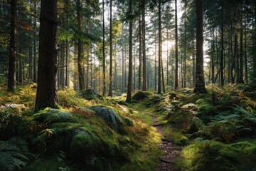Obraz premium Sunlit path through a lush forest with tall trees and green moss-covered rocks