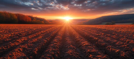 Dramatic sunset over a vast plowed field, with brilliant sun rays illuminating the furrows and autumn trees