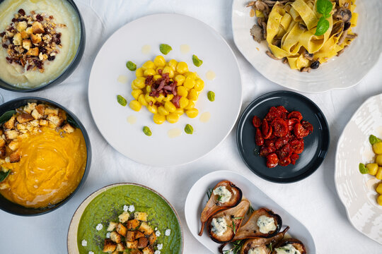 Italian Gourmet Flat Lay with Gnocchi, Fresh Pasta, Soups and Traditional Appetizers
