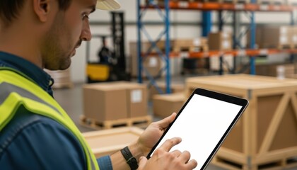 Warehouse worker using digital tablet for inventory management in modern facility