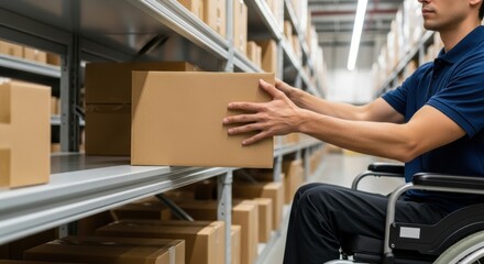 Inclusive warehouse worker on wheelchair organizing boxes for efficient logistics