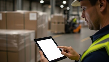Warehouse worker using digital tablet for inventory management in industrial setting