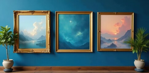 Elegant gold frames against a deep blue wall, showcasing art , classic, empty frame, deep blue