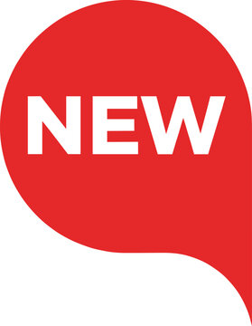 New label speech bubble icon in red for product announcement, notification badge and marketing promotion flat vector illustration