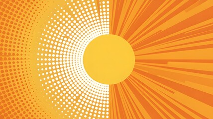 Vibrant abstract sun illustration with radial halftone dots and radiating lines on an orange and yellow background creating an energetic and modern graphic desi