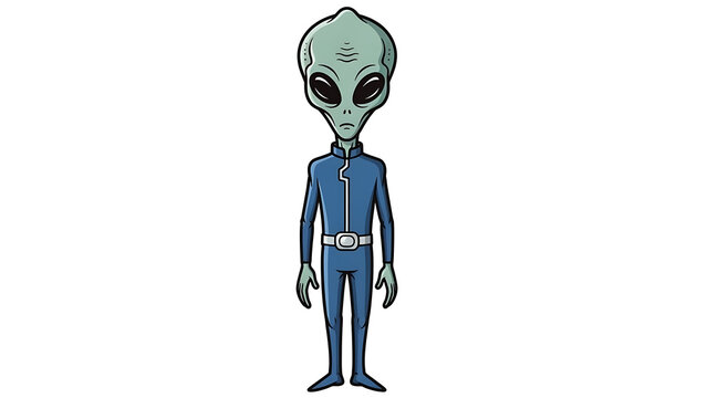 Illustration of a classic gray alien with large eyes and wearing a blue jumpsuit