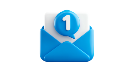 A 3D rendered open blue envelope with notification bubble and the number one