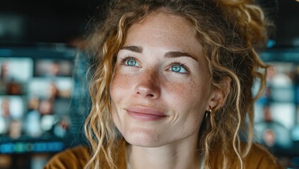 A young woman with curly hair, freckles, and blue eyes smiles thoughtfully, looking up from a screen-filled background