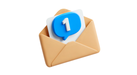 3D-rendered open envelope with a blue speech bubble and the number one