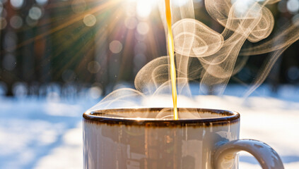 Hot Coffee Mug with Steam in Sunlit Winter Scene