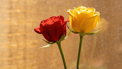 Fototapeta premium Red and Yellow Roses Centered, Blooming Floral Plants in Nature - Vibrant Garden Scene