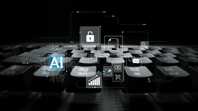 Futuristic Keyboard with AI Elements and Security Icons Illustrating the Integration of Artificial Intelligence into Daily Technology Use Gluon. - Powered by Adobe