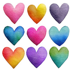 Colorful watercolor hearts isolated on transparent background
