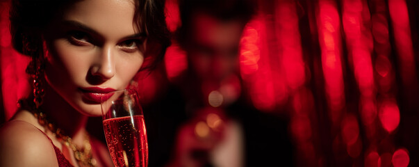 Elegant woman raising champagne glass in a romantic celebration with a blurred figure in the background