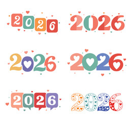 2026 Cute Valentine Typography Set With Hearts Colorful Retro Numbers Love Illustration