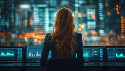 A person with flowing red hair overlooks multiple data screens and a glowing cyber city at night