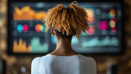 Rear view of a person with curly hair analyzing a large screen displaying vibrant charts and data visualizations
