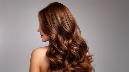 Naklejka premium the back view of a woman with long auburn curly hair styled in soft, flowing waves, mid-back length hair, rich copper and auburn tones