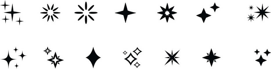 Sparkles, stars and bursts icons, twinkling stars.Vector set of different black sparkles icons on transparent background. © Nazema