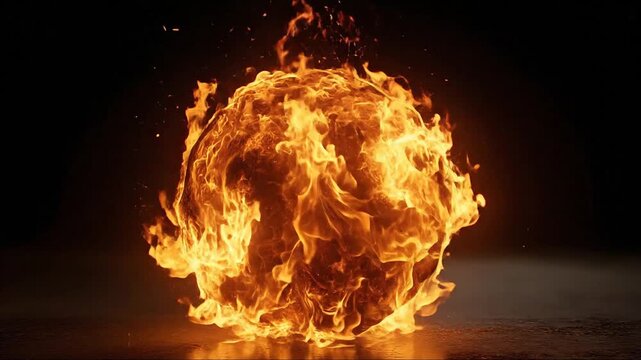 Cinematic fiery energy orb floating and pulsing with layered flames for dramatic motion graphics and visual effects use