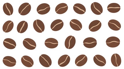 Multiple roasted brown coffee beans randomly scattered across a bright white background providing a clean and fresh graphic element with an organic feel