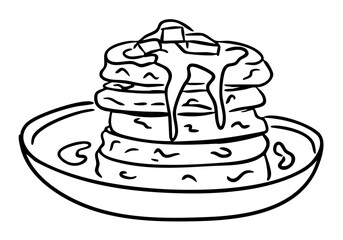 Pancake stack with butter and maple syrup drawn in hand drawn line art style isolated on white background. The illustration represents breakfast, comfort food and homemade cooking concept