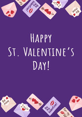 Happy st valentines day greeting card with hand drawn envelopes, love notes and heart symbols on purple background. The illustration represents love, romance and celebration of valentine holiday