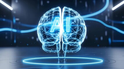 Revolving artificial intelligence brain with glowing AI text. Future technology and machine learning concept - Powered by Adobe