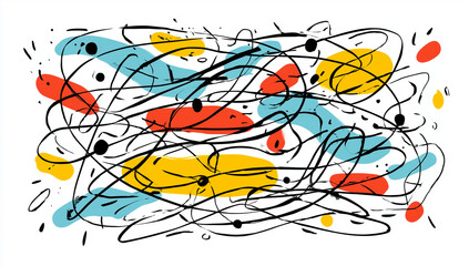Abstract hand-drawn scribble illustration with colorful shapes and dynamic lines.