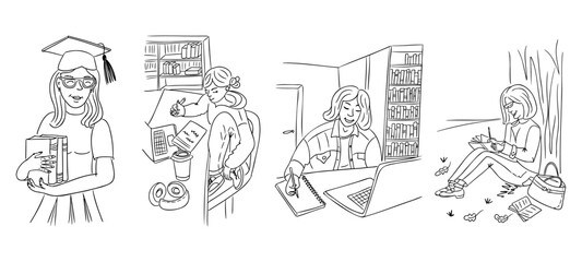 Studying girls doodle set with female students reading, writing and working on laptop in hand drawn line art style isolated on white background. The illustration represents education, learning process