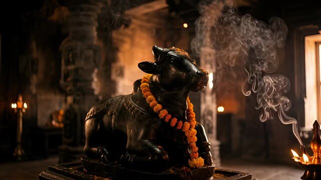 Nandi Bull Statue Adorned with Marigold Garlands in a Mystical Hindu Temple with Incense Smoke.