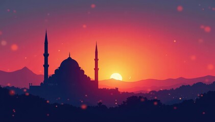 Elegant mosque silhouette against vibrant sunrise/sunset, crescent moon , illustration, dome, crescent moon