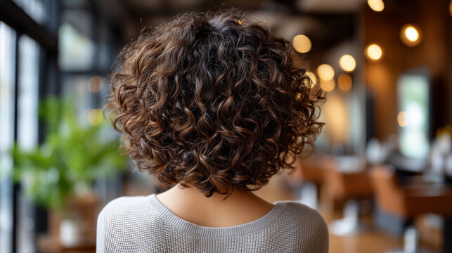 a young African American woman with natural curly hair seen from the back, sitting in a modern hair salon, centered rear-view composion
