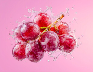 Fresh red grapes splashing with water droplets on a pink background.